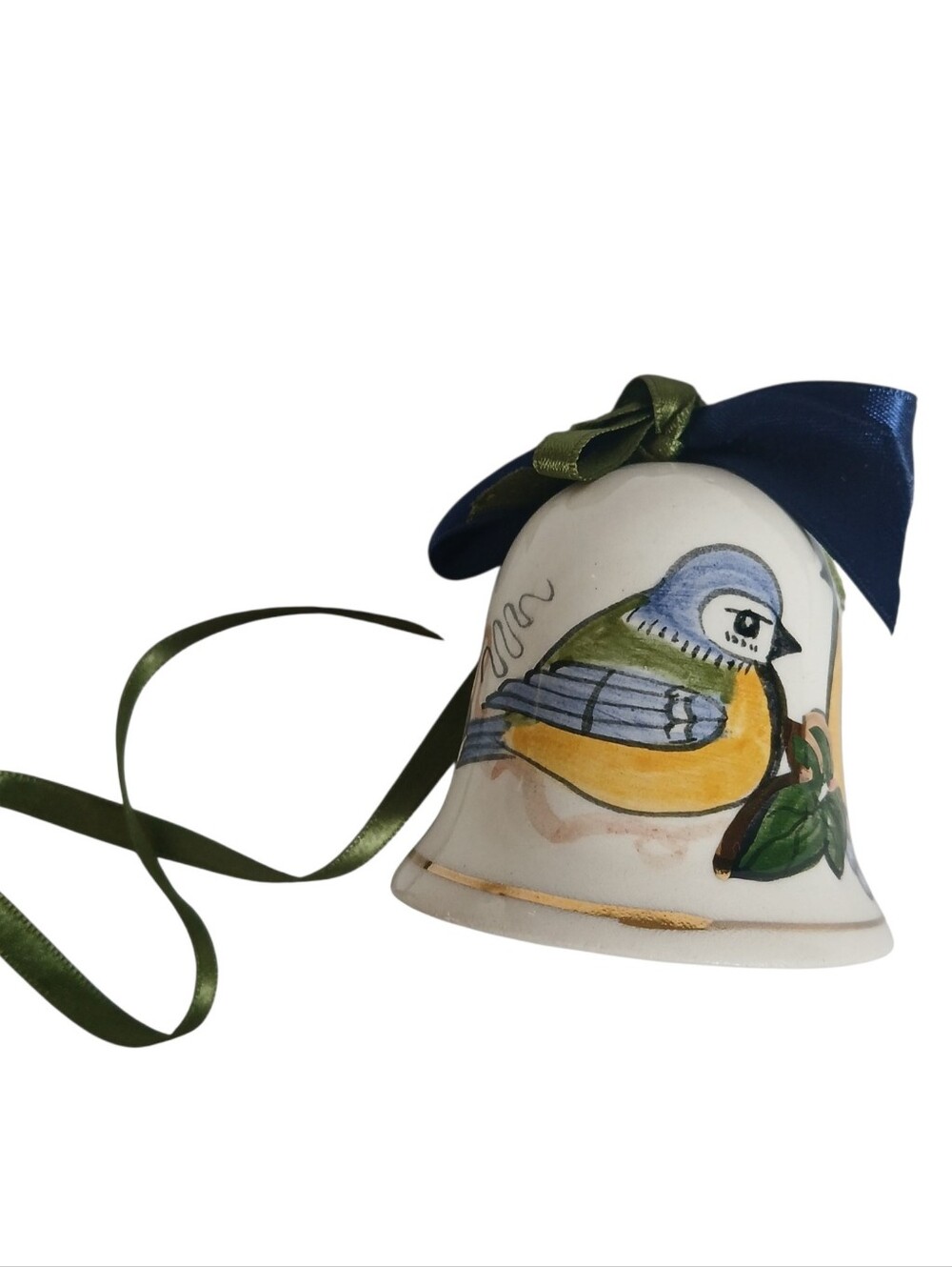 Hand-Painted Ceramic Bell Ornament with Birds Ribbon For Hanging Decor Accent